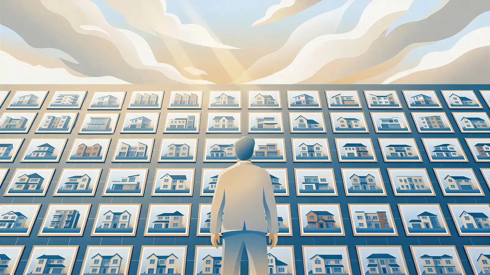 Eine Person steht vor einer Wand mit Immobilienangeboten, die alle gleich sind