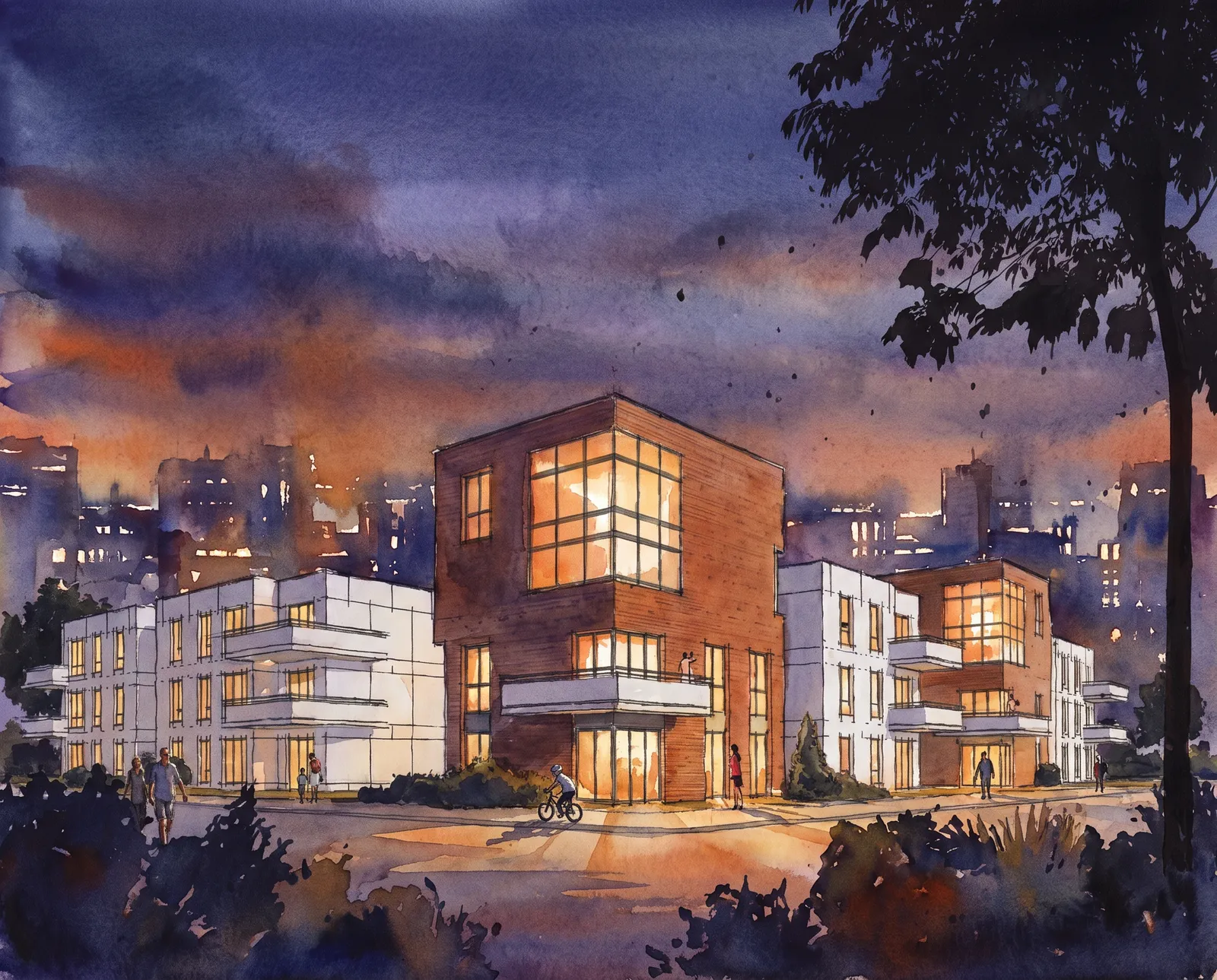 Wohnquartier mit Klinker-Eckgebäude in der Abenddämmerung, dargestellt im Stil eines Aquarells