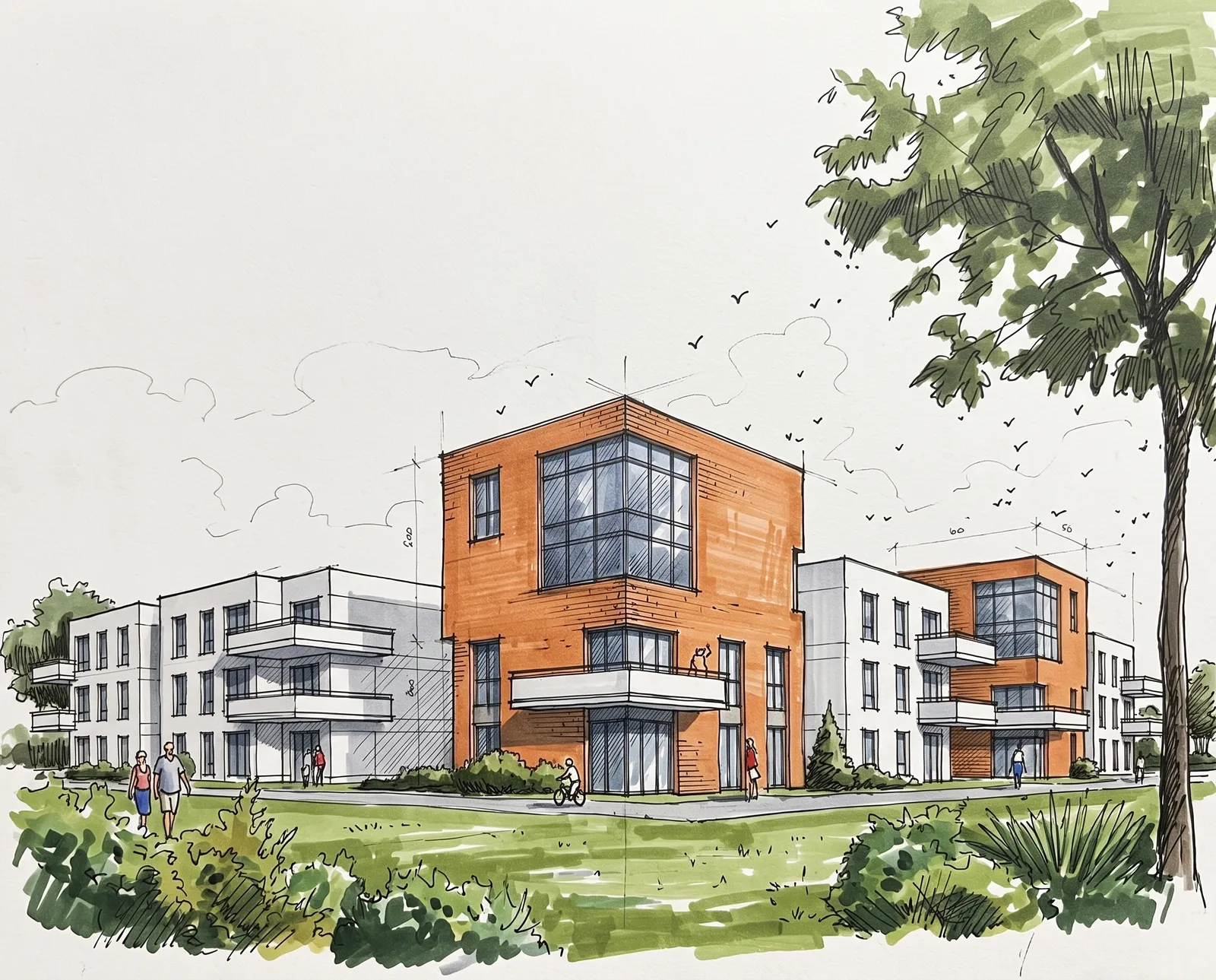 Das Wohnquartier als farbige Skizze mit Aquarell, Bäumen und Passanten