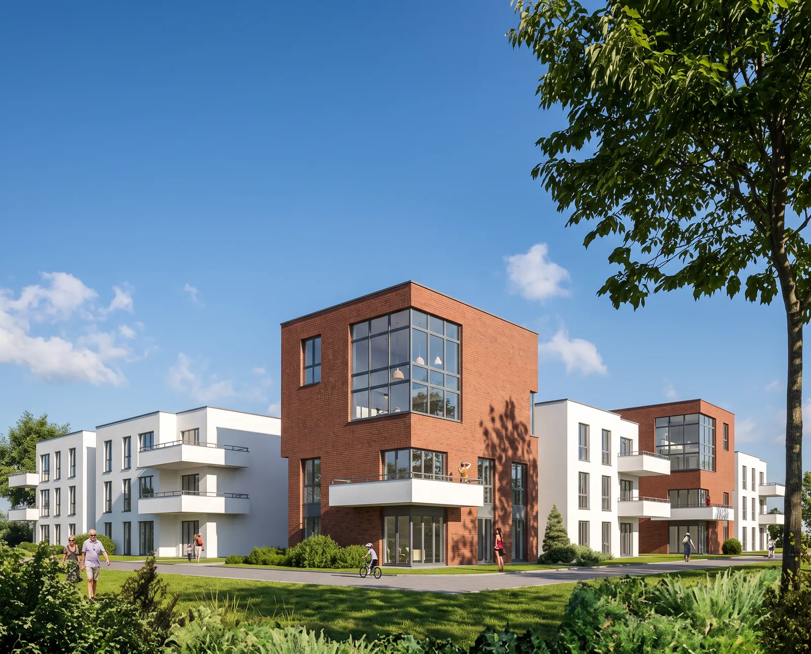Fotorealistische Visualisierung des Wohnquartiers mit Klinker-Eckgebäude bei Sonnenschein