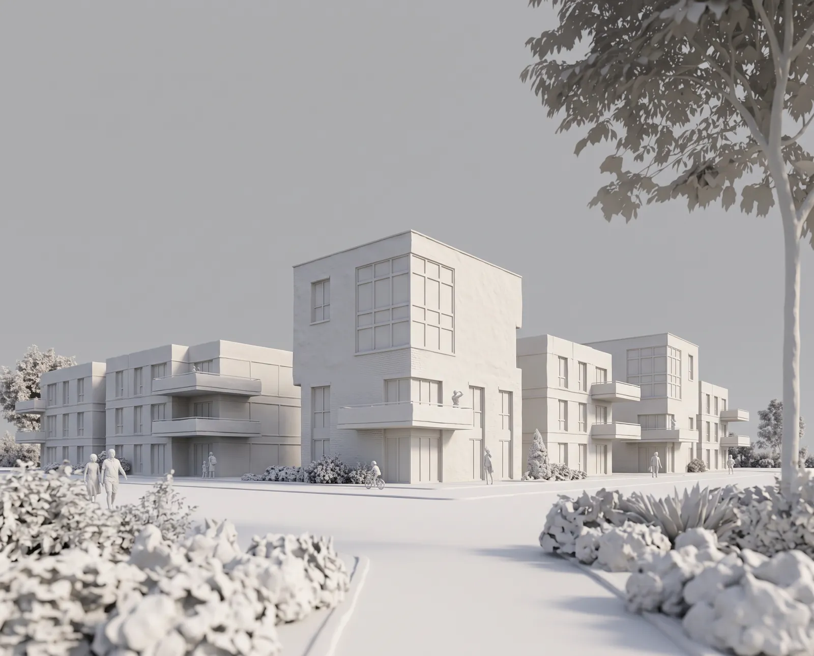 Das Wohnquartier als Weißmodell ohne Materialien, nur mit Licht und Schatten