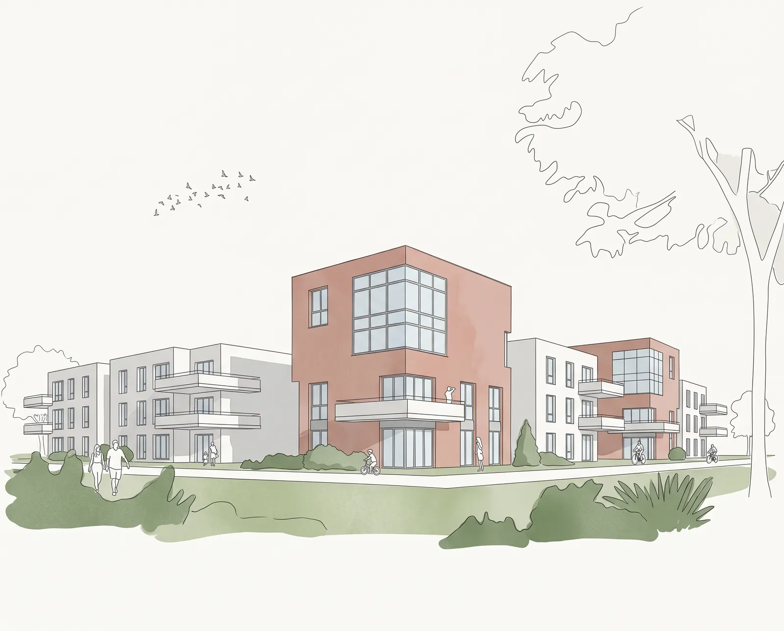 Das Wohnquartier im reduzierten Wettbewerbsstil mit Linien und zarten Farbflächen