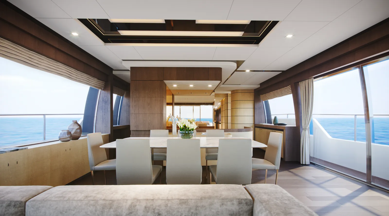 Visualisierung des Essplatzes mit Marmortisch im Salon einer Yacht