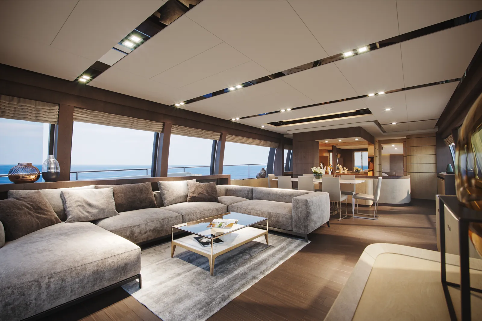 Visualisierung des Salons einer Yacht mit Panoramafenstern und Blick aufs Meer