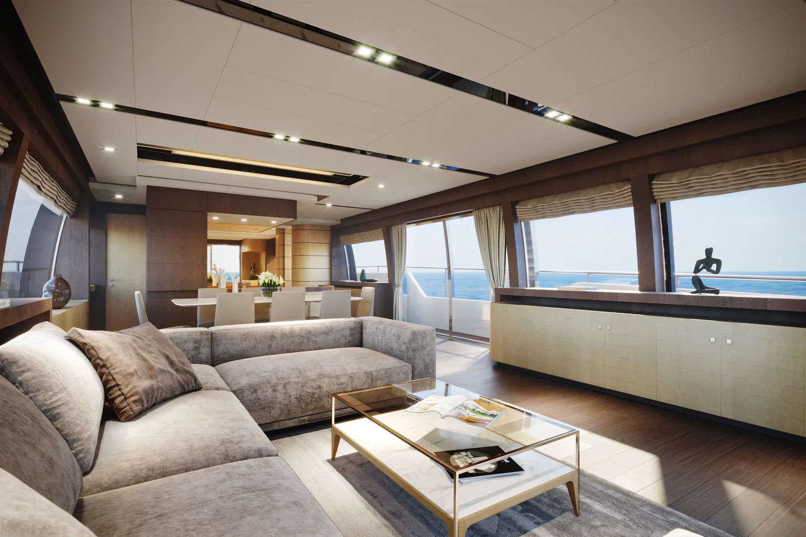 Fotorealistische Visualisierung des Salons einer Yacht mit Sofa, Glastisch und Essbereich