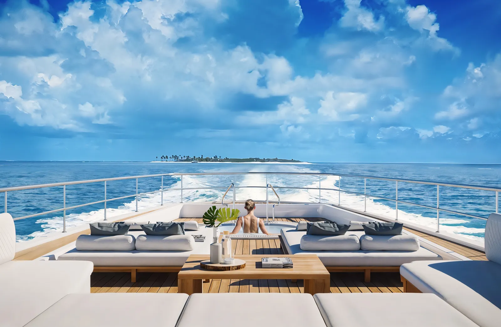 Visualisierung des Sonnendecks einer Luxusyacht mit Whirlpool, Loungemöbeln und Blick auf eine Insel