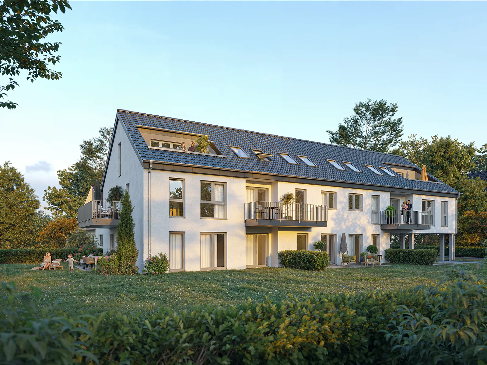 Außenvisualisierung eines weiß verputzten Mehrfamilienhauses bei untergehender Sonne