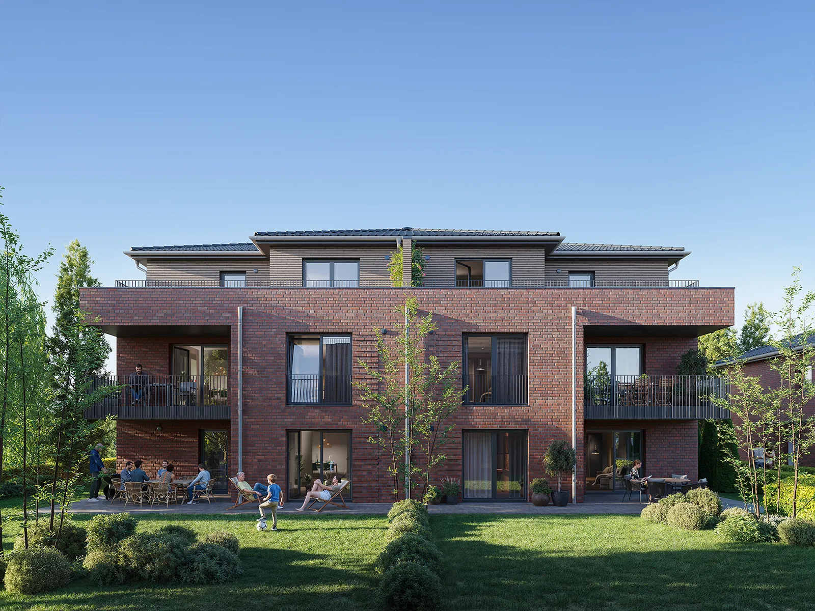 Außenvisualisierung eines verklinkerten Mehrfamilienhauses in Frontalansicht