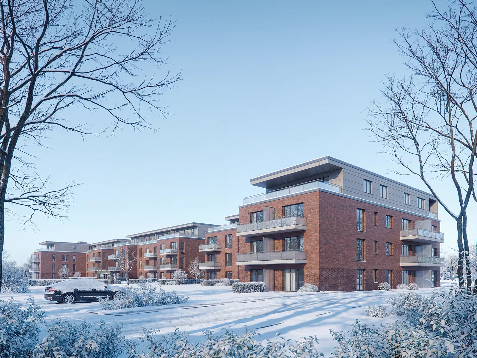 Außenvisualisierung eines Wohnkomplexes im Winter
