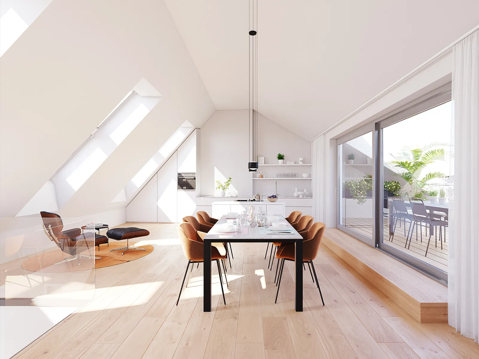 Innenvisualisierung eines modernen Dachgeschoss-Ausbaus mit Küche, Essbereich und Dachterrasse in München