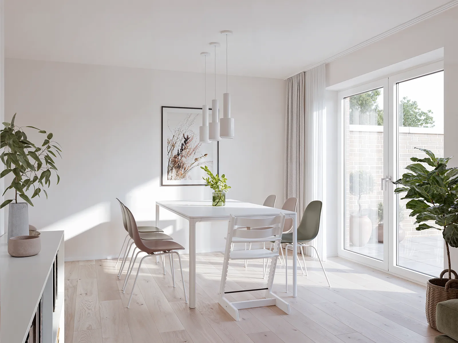 Innenvisualisierung eines modern gestalteten Essbereichs in einem Reihenhaus