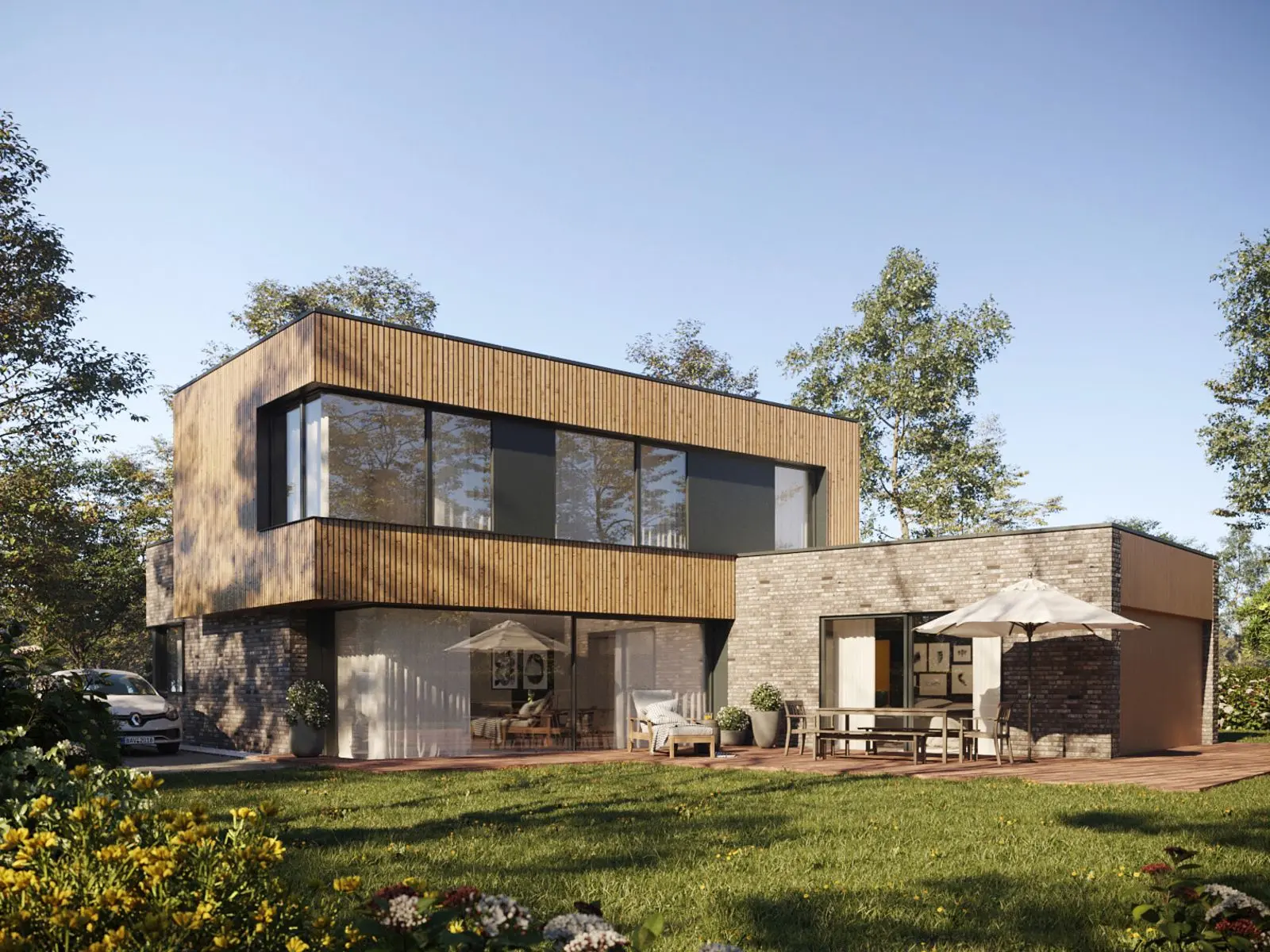 Fotorealistische Architekturvisualisierung eines modernen Einfamilienhauses mit Holzfassade, Natursteinanbau und Gartenterrasse | build-av.de