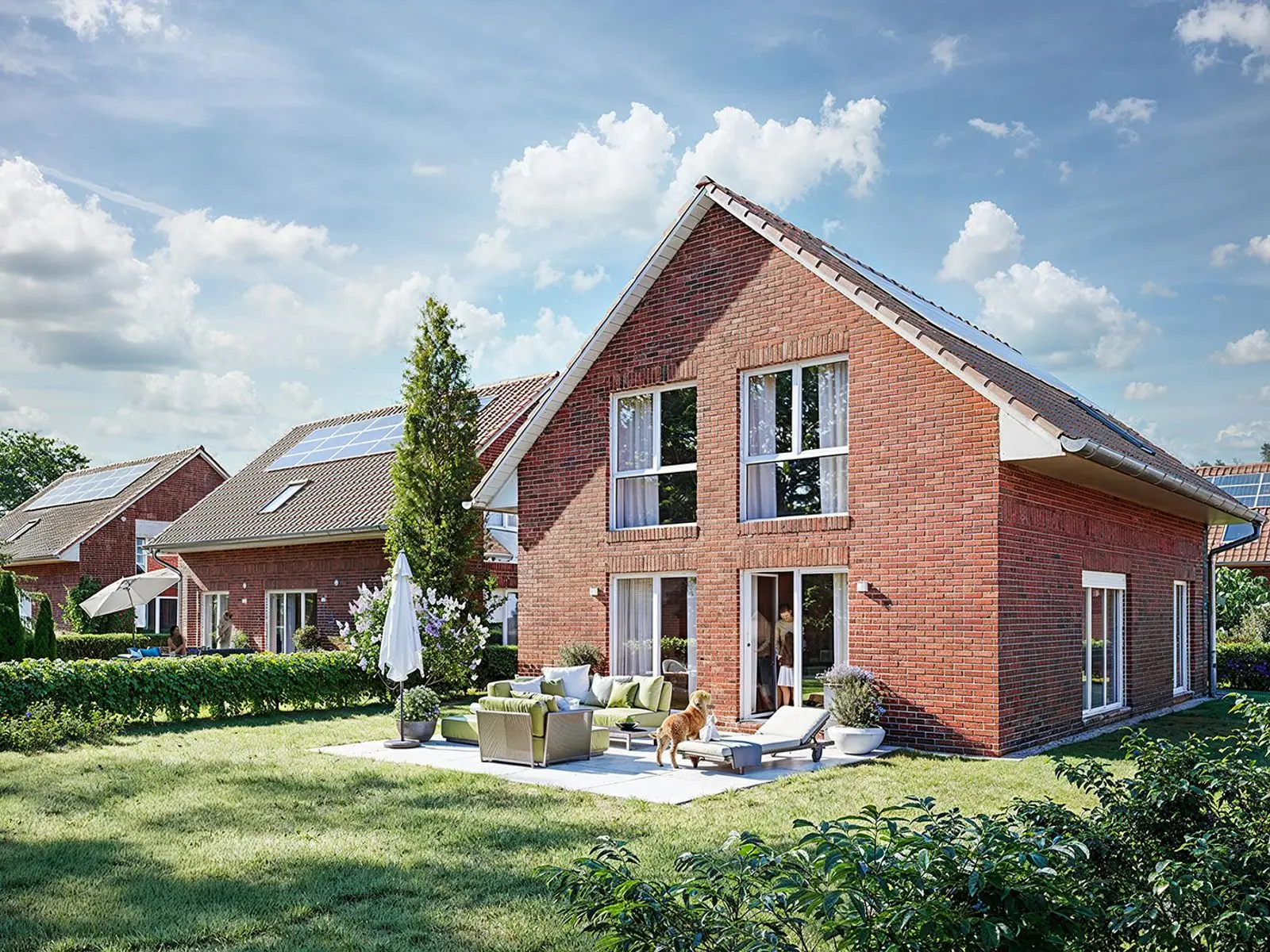 Fotorealistische Architekturvisualisierung eines Klinker-Einfamilienhauses mit Gartenterrasse | build-av.de