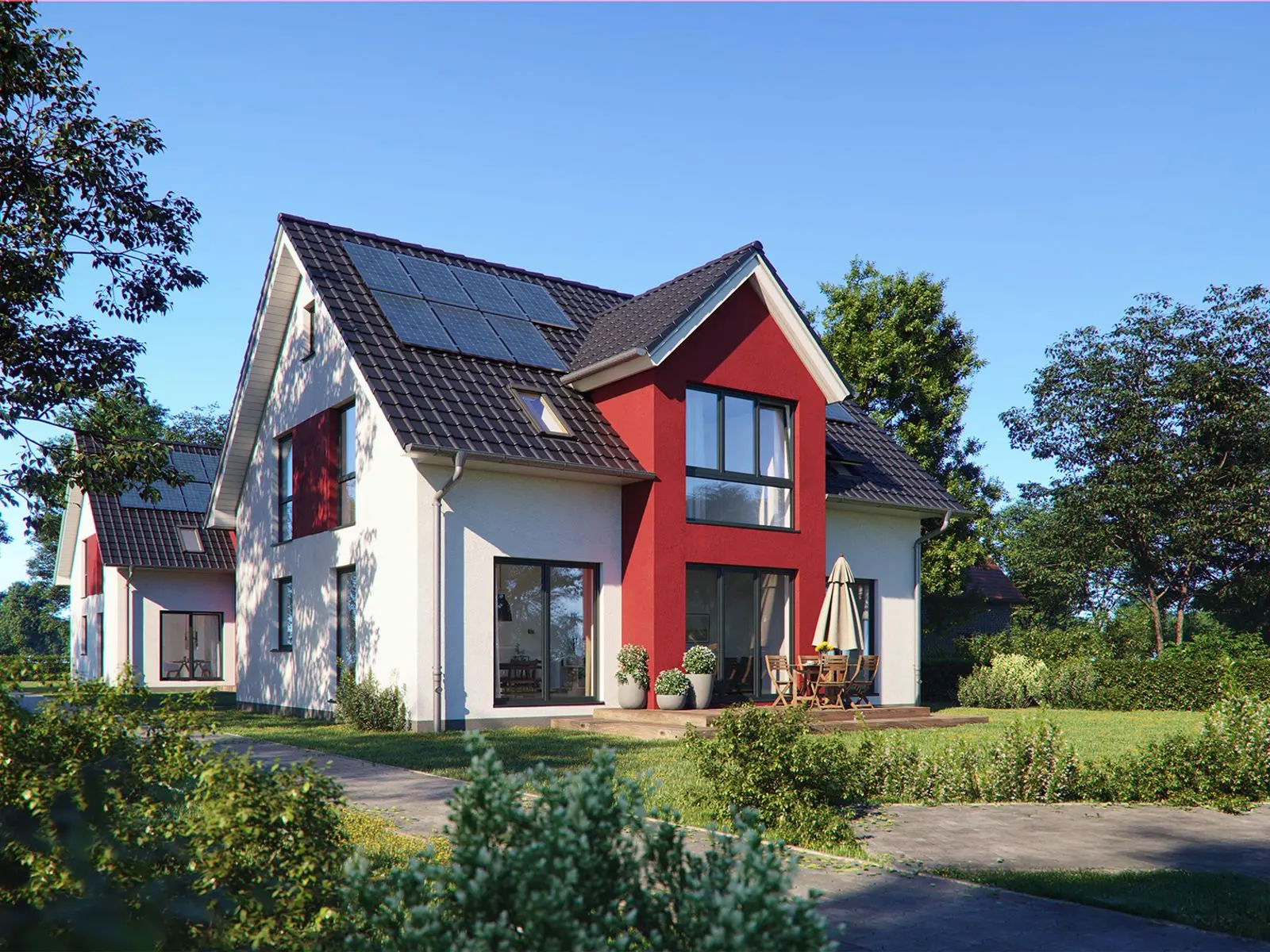 Fotorealistische Architekturvisualisierung eines Einfamilienhauses mit roter Giebelfassade und Solardach | build-av.de