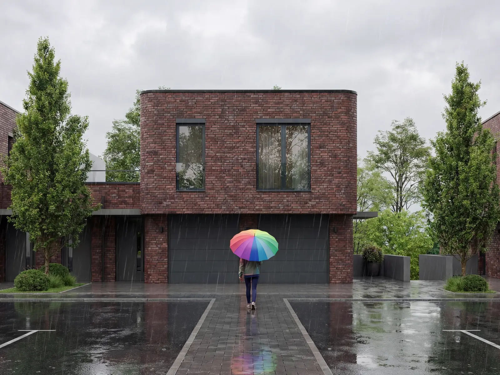 Architekturvisualisierung moderner Klinkerhäuser bei Regen mit Frau und buntem Schirm im Vordergrund | build-av.de