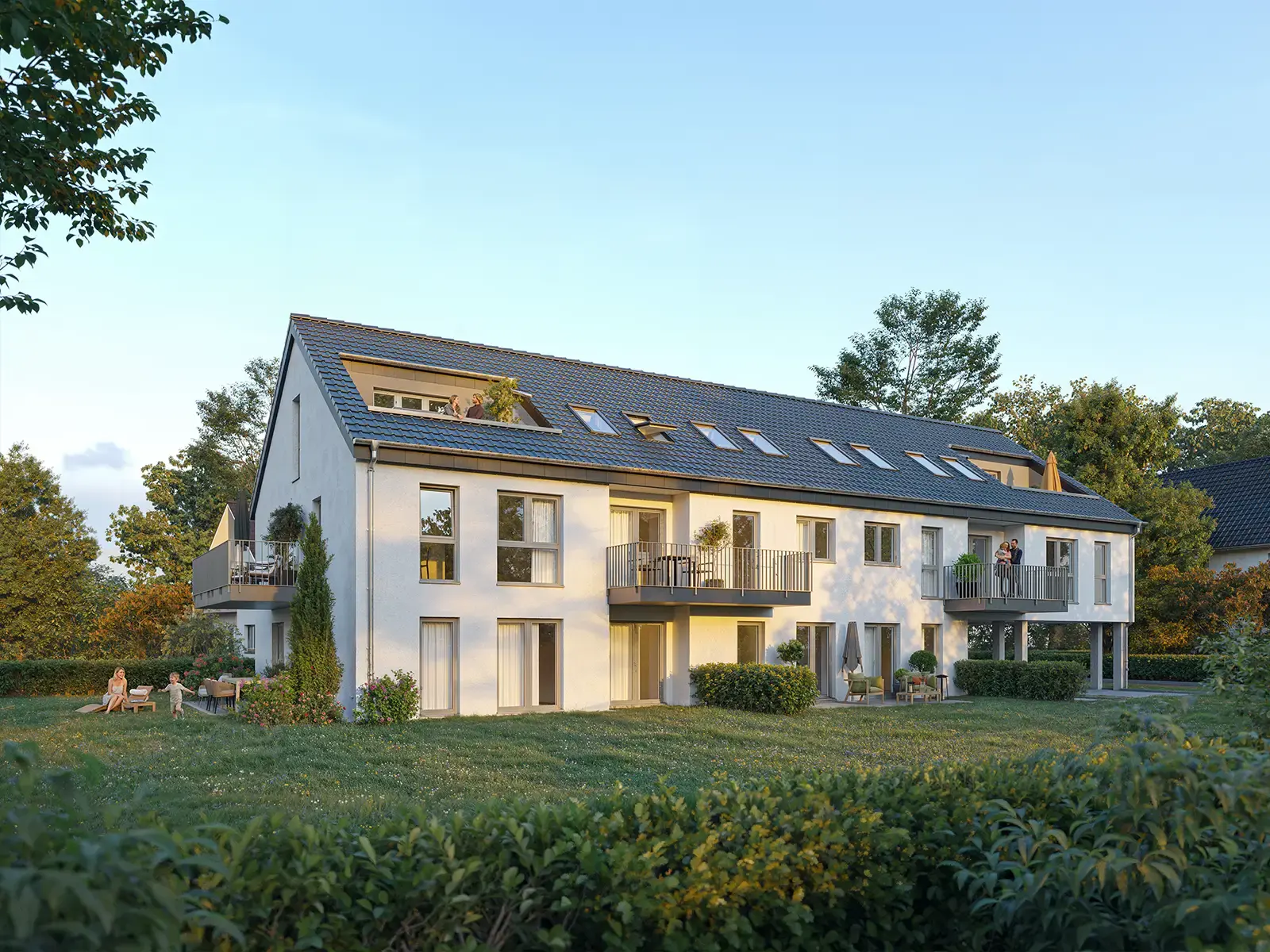 Fotorealistische Architekturvisualisierung eines weißen Mehrfamilienhauses mit Satteldach im Abendlicht – build-av.de