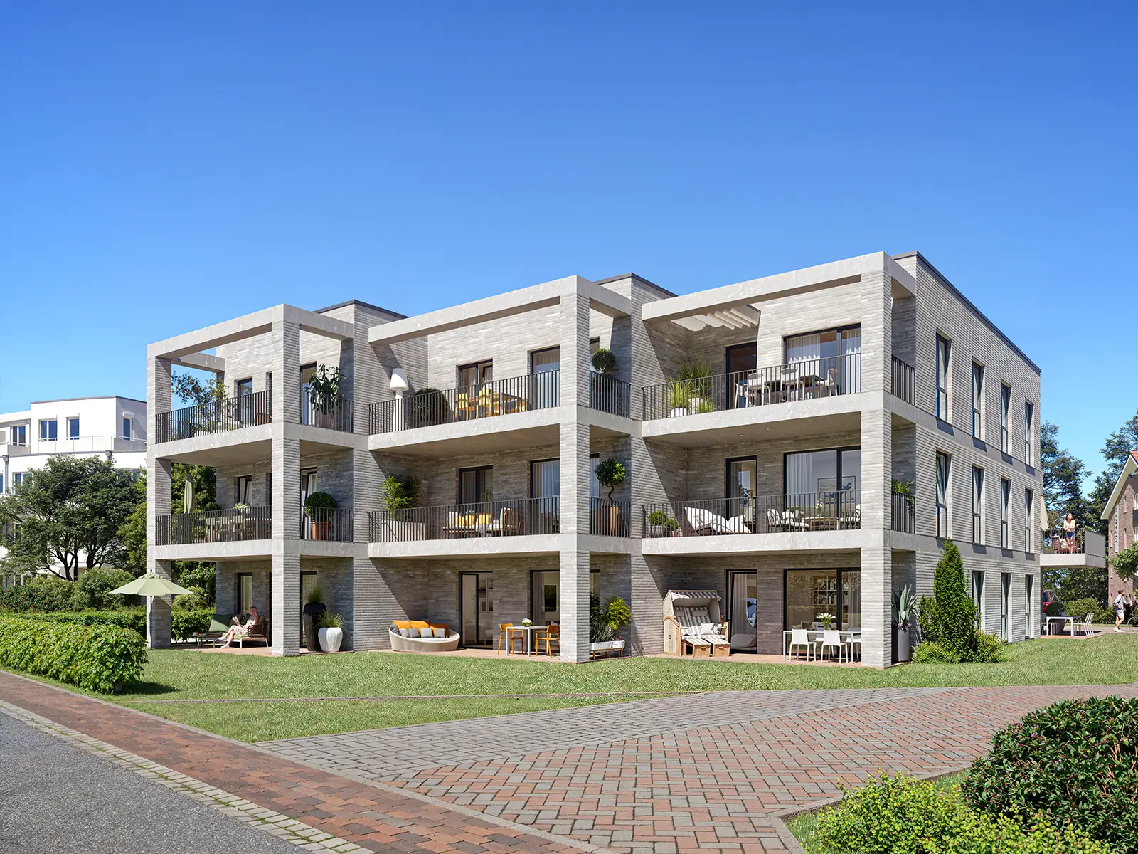 3D-Rendering eines modernen Mehrfamilienhauses mit hellem Klinker und Loggien – build-av.de