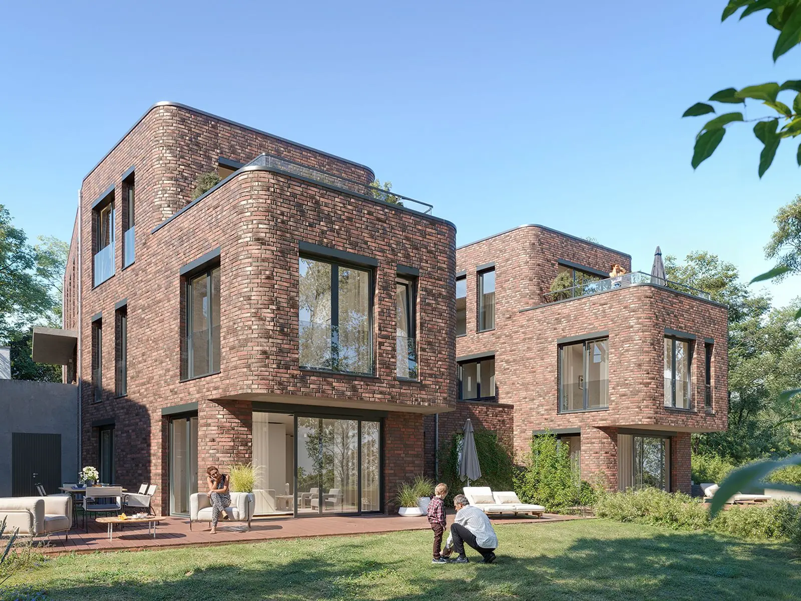Fotorealistische Architekturvisualisierung der Wakenitz-Villen in Lübeck, Gartenansicht mit Terrasse | build-av.de