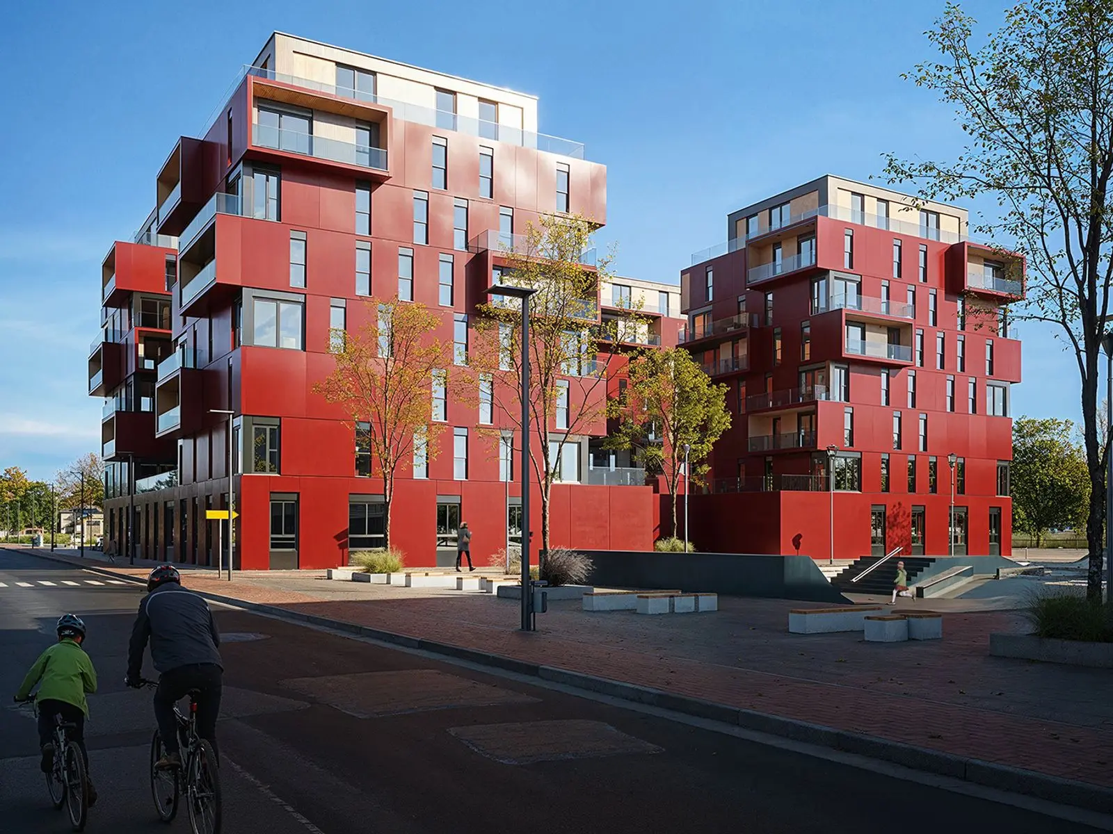 Fotorealistische Architekturvisualisierung von Wohngebäuden mit roter Fassade an einer Allee, Radfahrer im Vordergrund | build-av.de