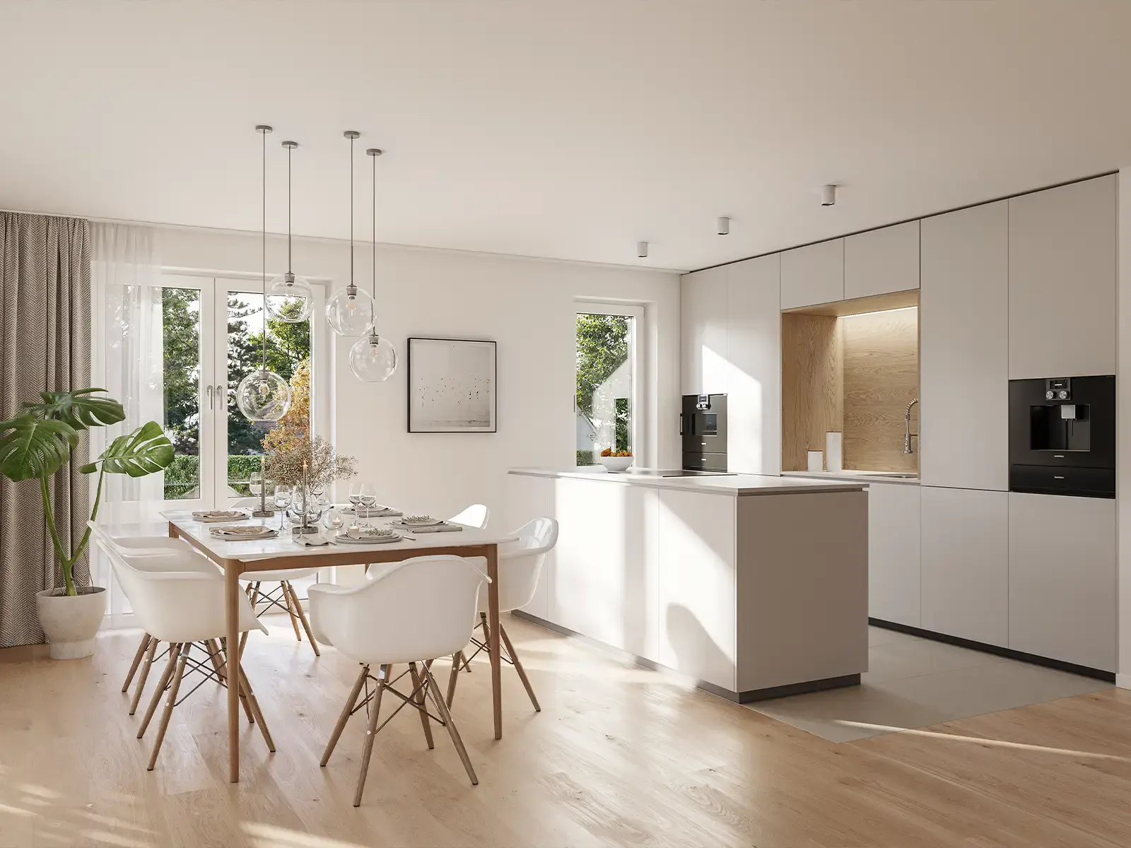Fotorealistische Innenvisualisierung einer modernen weißen Küche mit Kochinsel und Essplatz – build-av.de