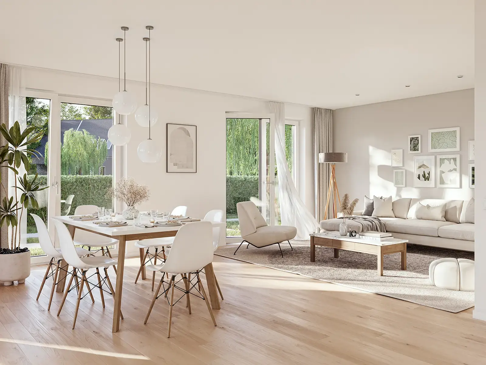 Fotorealistische Innenvisualisierung eines hellen Wohn- und Essbereichs mit Gartenblick – build-av.de