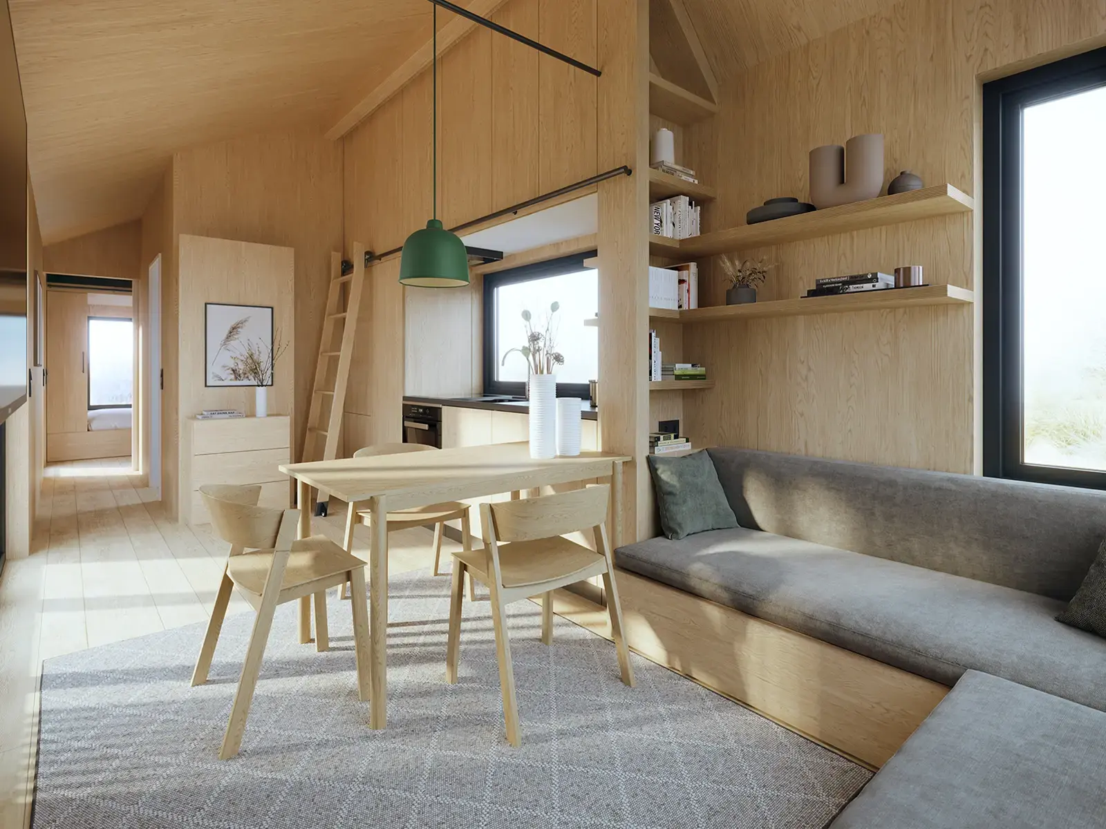 Fotorealistische Innenvisualisierung eines holzverkleideten Wohn- und Essbereichs mit offener Küche – build-av.de